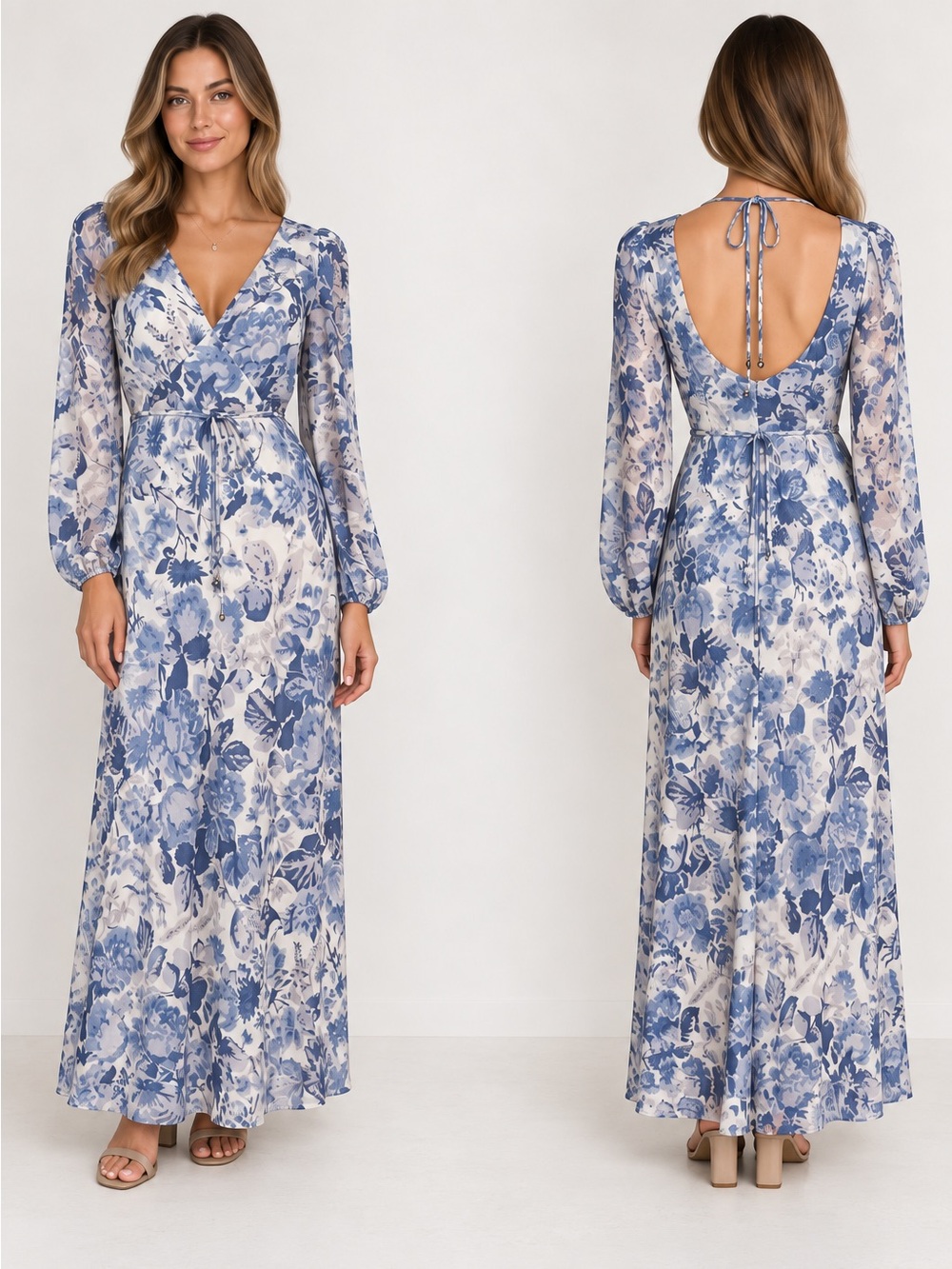 Kivari Blue and White Floral V-Neck Tie-Back Maxi Dress